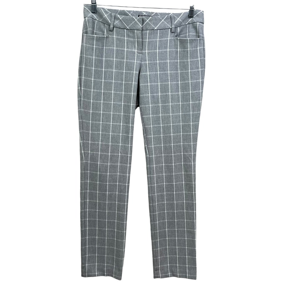 Express Womens Pants Columnist Windowpane Plaid Gray Stretch Pockets Zip Sz 6R*